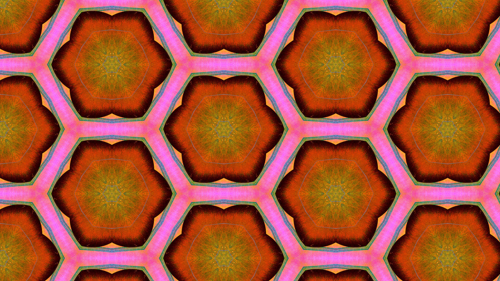A seamless geometric pattern featuring repeating hexagonal motifs in vibrant orange, brown, yellow, and pink with green outlines.