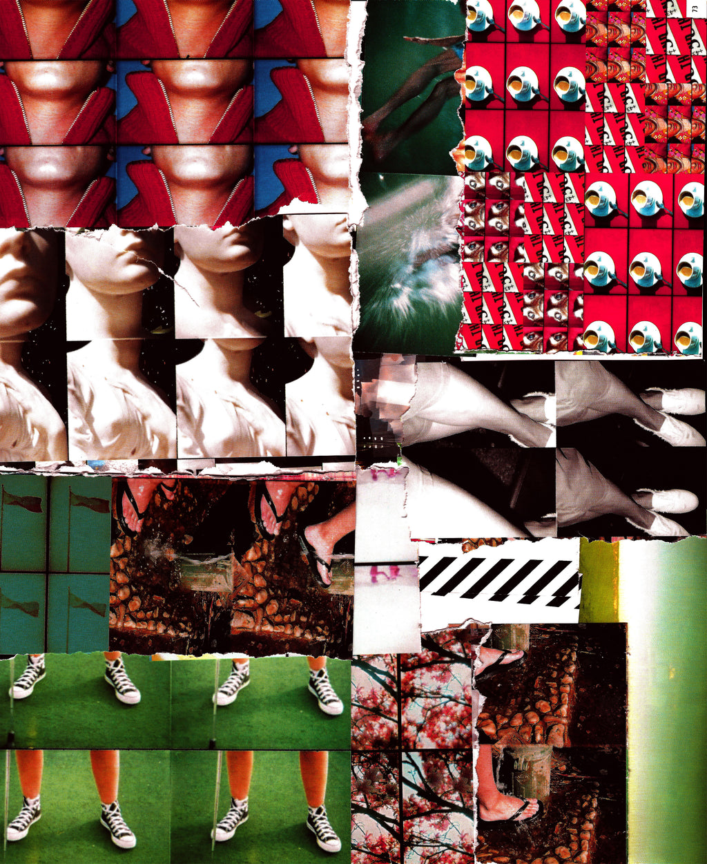 A square collage print featuring a variety of photographic panels, including close-ups of lips and red lips, repeated circular faces, black-and-white fashion shots, green turf with white sneakers, and abstract striped and floral sections.
