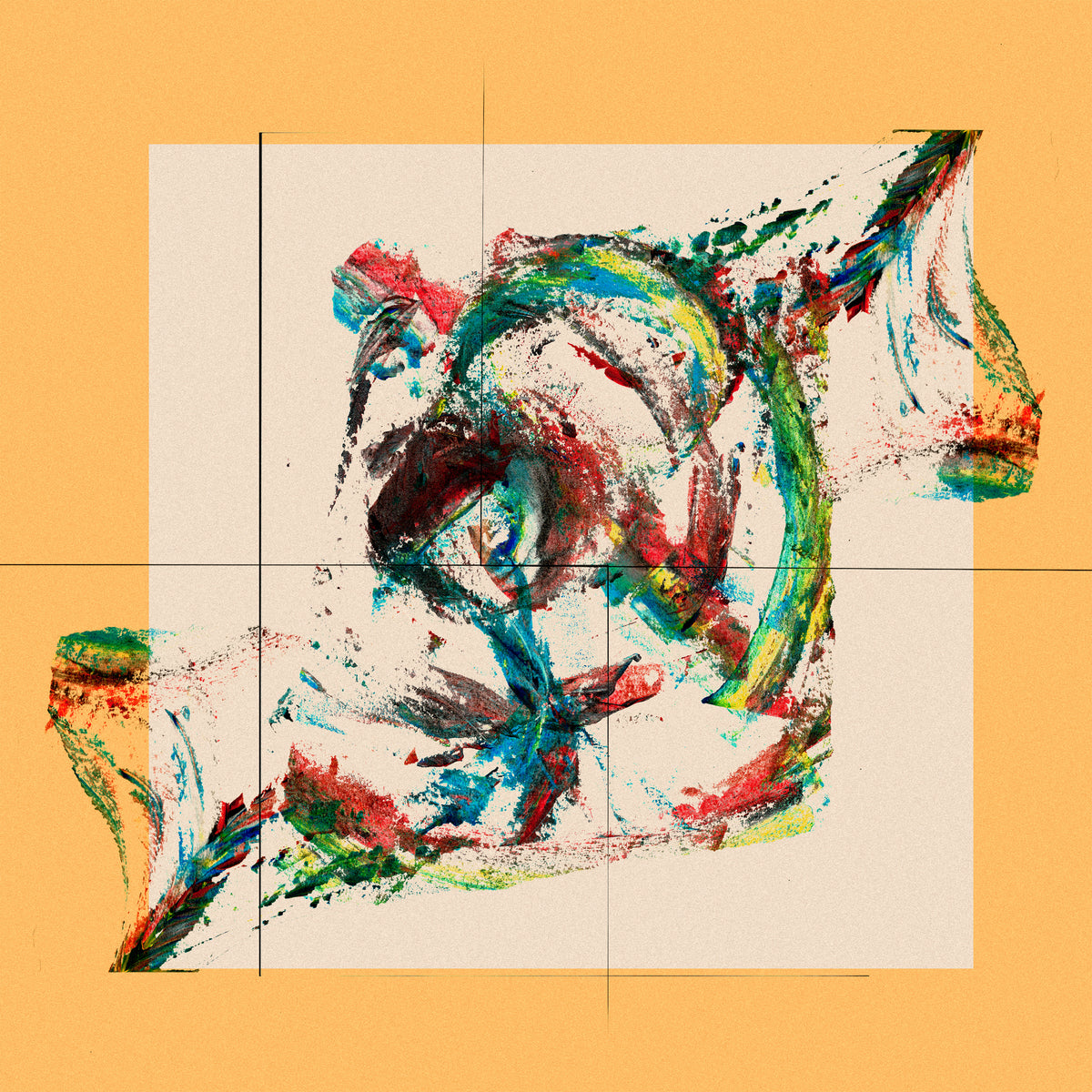 Abstract art print featuring a colorful, expressive brushstroke composition on a square off-white background, framed by a solid mustard yellow border.