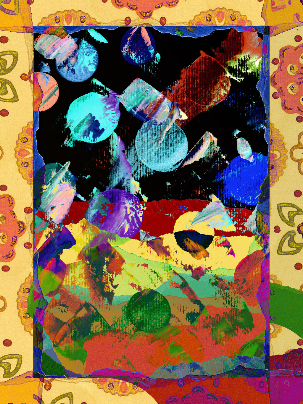 A vibrant abstract art print featuring a colorful, textured composition with splashes of blue, green, red, yellow, purple, and orange, framed by a decorative golden-yellow ornamental border.