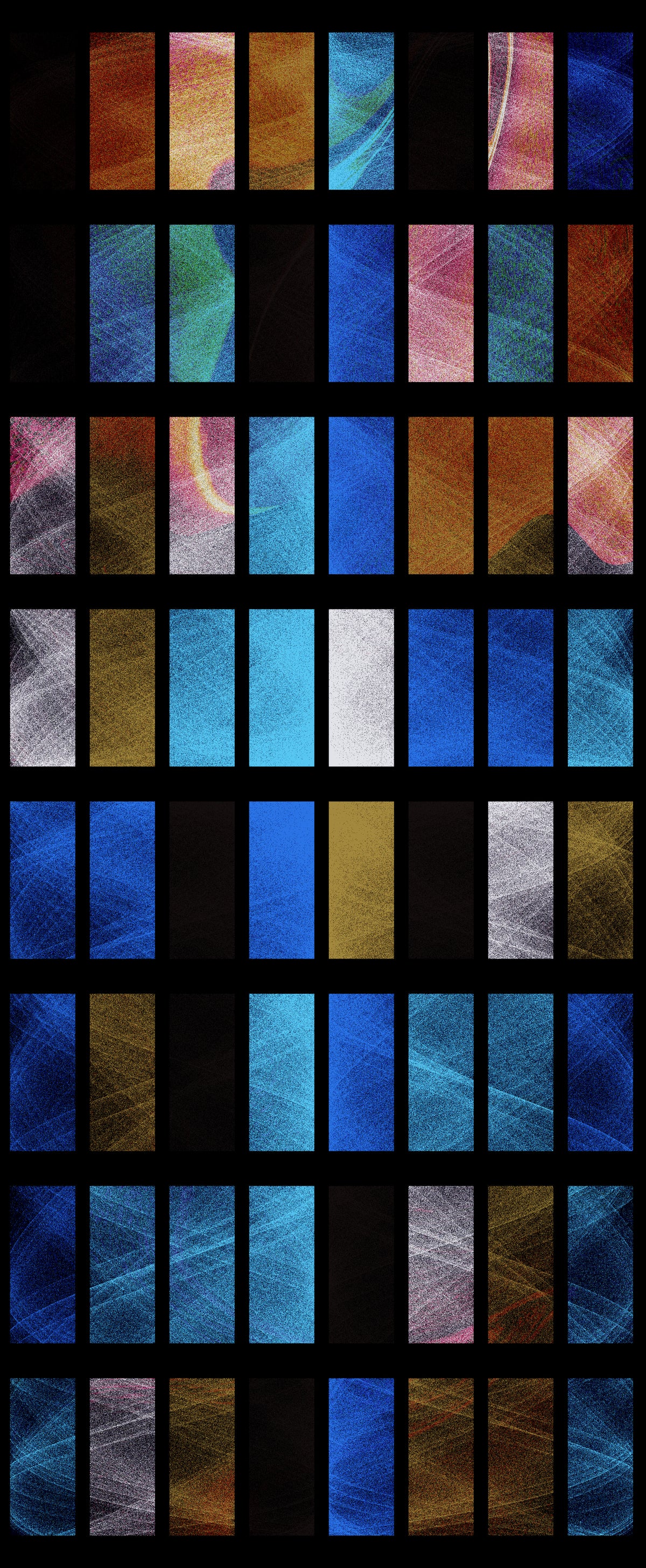 A grid of narrow vertical panels filled with abstract textured patterns in blue, gold, pink, brown, white, and black.