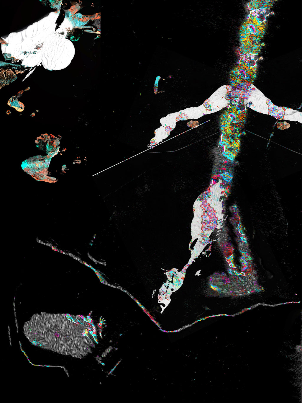 A black-framed abstract artwork featuring a vertical multicolored iridescent streak on the right, several white and gray organic shapes on the left, and fine multicolored line details throughout, with a small inset in the upper left.
