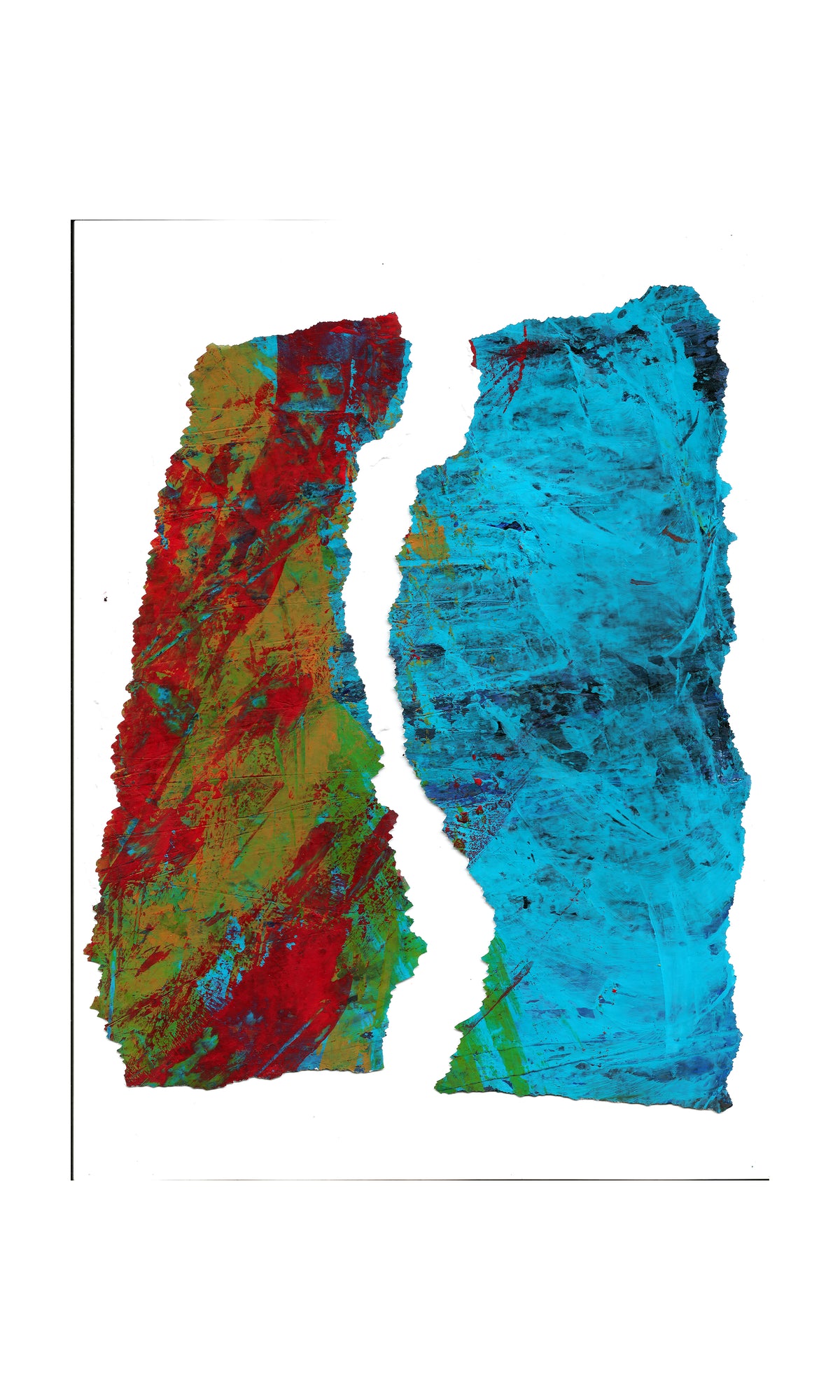 An abstract art print featuring two textured, paint-splattered vertical shapes in red, yellow, green, and blue on a white background.
