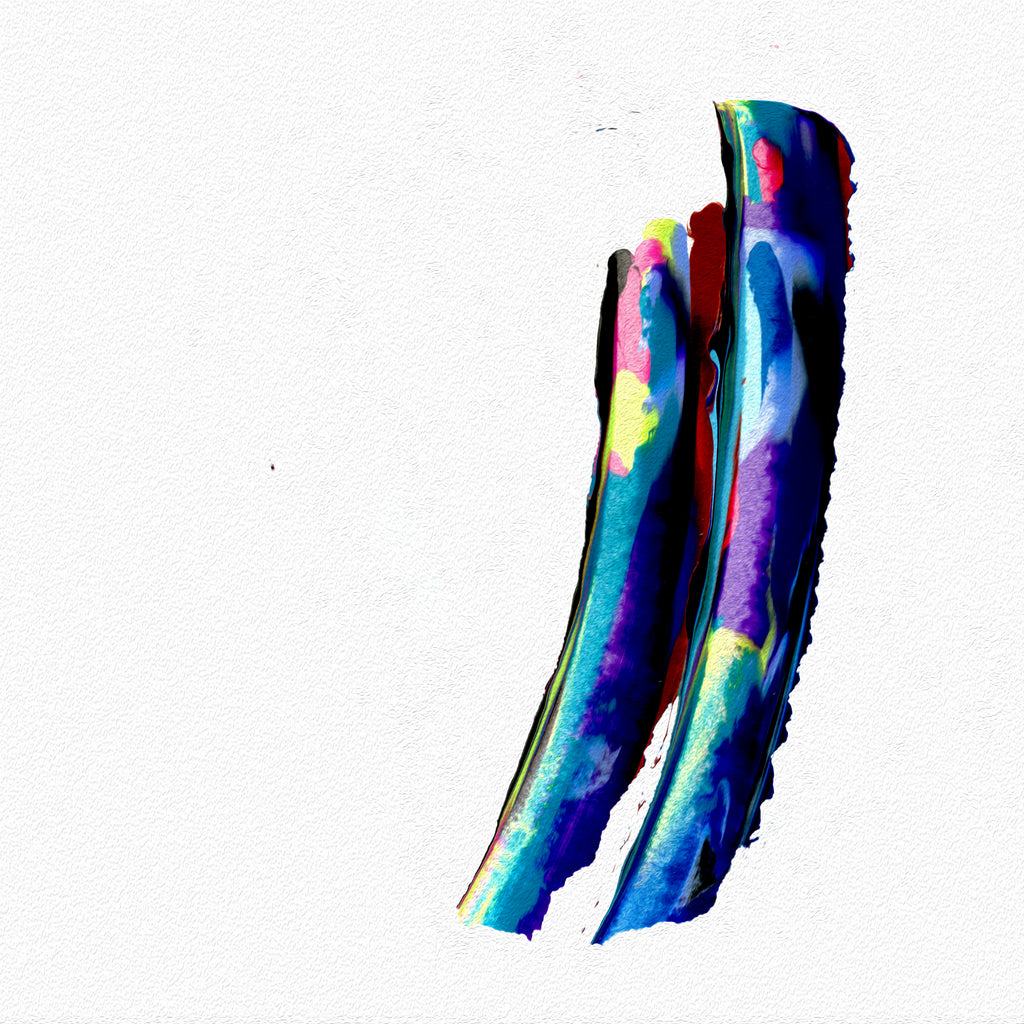 Abstract paint strokes in vibrant blue, purple, pink, yellow, and red on a textured off-white background.